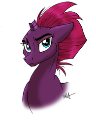 Size: 2880x3684 | Tagged: safe, artist:celestial-rainstorm, tempest shadow, pony, g4, broken horn, bust, eye scar, female, high res, horn, mare, portrait, scar, simple background, solo, white background