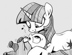 Size: 896x692 | Tagged: safe, artist:mamatwilightsparkle, spike, twilight sparkle, dragon, pony, unicorn, ask mama twilight sparkle, g4, ask, baby, baby dragon, baby spike, black and white, clothes, cute, cutie mark, female, footed sleeper, footie pajamas, grayscale, horn, looking at each other, male, mama twilight, mare, monochrome, music notes, pajamas, singing, spikabetes, tumblr, unicorn twilight