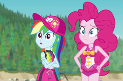 Size: 1642x1078 | Tagged: safe, screencap, pinkie pie, rainbow dash, equestria girls, equestria girls specials, g4, my little pony equestria girls: better together, my little pony equestria girls: forgotten friendship, board shorts, cap, clothes, cropped, crossed arms, female, geode of sugar bombs, geode of super speed, hand on hip, hands on waist, hat, magical geodes, shorts, sleeveless, swimsuit