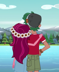 Size: 484x586 | Tagged: safe, screencap, gloriosa daisy, timber spruce, equestria girls, g4, my little pony equestria girls: legend of everfree, brother and sister, camp everfree outfits, clothes, cropped, female, floral head wreath, flower, lake, male, shorts, skirt