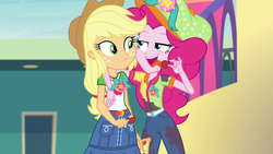 Size: 1920x1080 | Tagged: safe, screencap, applejack, pinkie pie, equestria girls, equestria girls specials, g4, my little pony equestria girls: better together, my little pony equestria girls: rollercoaster of friendship, candy, food, fun inspector, fun inspector pinkie, pizza