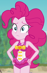 Size: 692x1074 | Tagged: safe, screencap, pinkie pie, equestria girls, equestria girls series, forgotten friendship, g4, clothes, female, geode of sugar bombs, magical geodes, pinkie pie swimsuit, sleeveless, solo, swimsuit