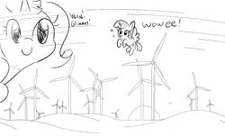 Size: 1362x824 | Tagged: safe, artist:tjpones edits, edit, editor:dsp2003, starlight glimmer, twilight sparkle, alicorn, pony, unicorn, g4, female, mare, meme, monochrome, simple background, sketch, twilight sparkle (alicorn), wat, white background, wind turbine generator, wow! glimmer