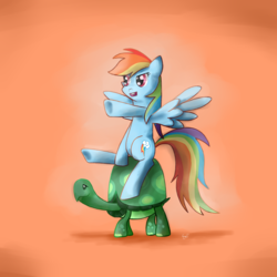 Size: 5000x5000 | Tagged: safe, artist:instant-noodle5, rainbow dash, tank, pony, g4, absurd resolution, ponies riding turtles, rainbow dash riding tank, riding