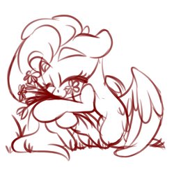 Size: 2000x2000 | Tagged: safe, artist:jen-neigh, fluttershy, pegasus, pony, g4, eyebrows, female, flower, high res, hug, lineart, solo