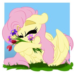 Size: 2000x2000 | Tagged: safe, artist:jen-neigh, fluttershy, pegasus, pony, g4, cute, eyebrows, female, flower, high res, hug, shyabetes, solo