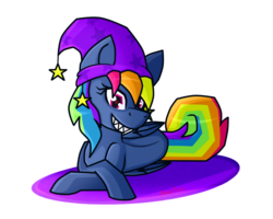 Size: 1000x799 | Tagged: safe, artist:king-justin, rainbow dash, pony, g4, secrets and pies, crossed hooves, evil pie hater dash, female, hat, smiling, solo, wings, witch hat