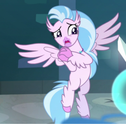 Size: 737x721 | Tagged: safe, screencap, silverstream, classical hippogriff, hippogriff, g4, school raze, clasped hands, cropped, female, scared, solo, spread wings, wings, worried