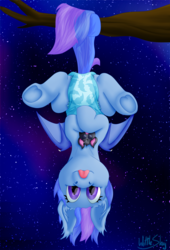 Size: 1359x2000 | Tagged: safe, artist:wittleskaj, oc, oc only, oc:astral flare, bat pony, pony, :p, baby, baby pony, bat pony oc, cute, diaper, female, filly, foal, hanging, night, night sky, ocbetes, plushie, pullup (diaper), silly, sky, solo, starry night, tongue out, tree branch, upside down