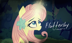 Size: 1026x622 | Tagged: safe, artist:galacticflashd, fluttershy, pony, unicorn, g4, cute, flower, flower in hair, fluttershy (g5 concept leak), g5 concept leak style, g5 concept leaks, glowing horn, horn, race swap, text