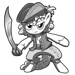 Size: 3000x3000 | Tagged: safe, artist:fimflamfilosophy, oc, oc only, pony, buck legacy, bags under eyes, bipedal, black and white, card art, colorless, cutlass, fantasy class, female, furrowed brow, grayscale, hat, high res, mare, menacing, monochrome, pirate, pirate hat, simple background, solo, sword, transparent background, weapon
