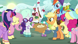 Size: 1280x720 | Tagged: safe, screencap, applejack, fluttershy, pinkie pie, rainbow dash, rarity, spike, twilight sparkle, alicorn, dragon, earth pony, pegasus, pony, unicorn, g4, my little pony best gift ever, applejack's hat, clothes, cowboy hat, earmuffs, eyes closed, female, fluttershy's purple sweater, glasses, hat, mane seven, mane six, mare, scarf, snow, sweater, sweatershy, twilight sparkle (alicorn), winged spike, wings, winter outfit