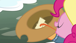 Size: 1280x720 | Tagged: safe, screencap, applejack, pinkie pie, pony, g4, my little pony best gift ever, my little pony: friendship is magic, applejack's hat, cowboy hat, eyes closed, female, hat, illuminati confirmed, long tongue, mare, pinkie being pinkie, prehensile tongue, tongue out