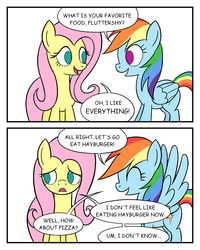 Size: 1600x2000 | Tagged: safe, artist:sazanamibd, fluttershy, rainbow dash, pegasus, pony, g4, comic, d:, dialogue, empty eyes, eye contact, eyes closed, female, frown, lidded eyes, looking at each other, looking down, mare, no pupils, open mouth, simple background, smiling, speech bubble, spread wings, white background, wings