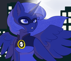 Size: 4375x3750 | Tagged: safe, artist:flamingqueen666, princess luna, anthro, g4, city, clothes, female, solo, superhero