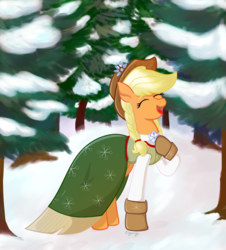 Size: 1381x1531 | Tagged: safe, artist:dyonys, applejack, spirit of hearth's warming past, earth pony, pony, g4, braid, clothes, dress, eyes closed, female, forest, hat, hearth's warming eve, mare, singing, winter