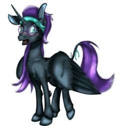 Size: 1013x1019 | Tagged: safe, artist:sintakhra, oc, oc:nyx, alicorn, pony, fanfic:past sins, alicorn oc, blushing, collarbone, female, fluffy, glasses, headband, lanky, leonine tail, nyxabetes, open mouth, ribbon, skinny, teenager, thin, unshorn fetlocks