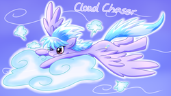 Size: 1920x1080 | Tagged: safe, artist:jiangosaur, cloudchaser, pegasus, pony, g4, :3, cloud, female, mare, one eye closed, solo, spread wings, wings