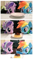 Size: 576x1024 | Tagged: safe, artist:nekokevin, rainbow dash, starlight glimmer, pegasus, pony, unicorn, series:nekokevin's glimmy, g4, cute, dashabetes, duo, female, flan, food, holding, irl, looking at something, mare, open mouth, photo, plate, plushie, pudding, smiling, spoon, wing hands