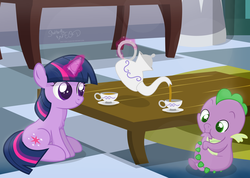 Size: 5080x3620 | Tagged: safe, artist:shutterflyeqd, spike, twilight sparkle, dragon, pony, unicorn, g4, baby, baby dragon, baby spike, chest fluff, cup, cute, cutie mark, female, filly, filly twilight sparkle, food, kettle, levitation, magic, pouring, rug, signature, smiling, spikabetes, table, tail sucking, tea, tea kettle, teacup, telekinesis, twiabetes, unicorn twilight, weapons-grade cute, young, younger