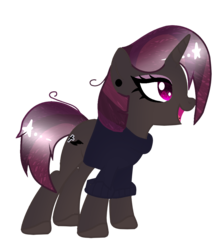 Size: 1001x1161 | Tagged: safe, artist:anisa-mlp222, artist:space--paws0w0, oc, oc only, oc:dark nebula, pony, unicorn, icey-verse, base used, clothes, commission, ear piercing, earring, eyeshadow, female, jewelry, magical lesbian spawn, makeup, mare, next generation, offspring, open mouth, parent:moondancer, parent:oc:nocturne scroll, parents:moonscroll, piercing, simple background, solo, sweater, tongue piercing, transparent background