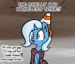 Size: 2637x2253 | Tagged: safe, artist:artiks, trixie, pony, unicorn, g4, dialogue, dirty, female, high res, hobo pony, mare, quilting, solo, traffic cone, traffic cone unicorn