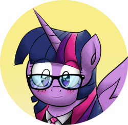 Size: 1356x1329 | Tagged: safe, artist:zsparkonequus, twilight sparkle, alicorn, pony, g4, female, glasses, necktie, simple background, smiling, solo, twilight sparkle (alicorn)