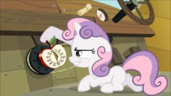 Size: 1369x770 | Tagged: safe, screencap, sweetie belle, pony, unicorn, g4, one bad apple, season 3, apple timer, evil grin, female, filly, floppy ears, foal, grin, prone, scary face, sinister, smiling, solo, timer