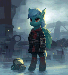 Size: 550x608 | Tagged: safe, artist:rodrigues404, oc, oc only, oc:dusty, pony, animated, artificial hands, bipedal, fallout, gif, helmet, loop, male, pipboy, rain, solo