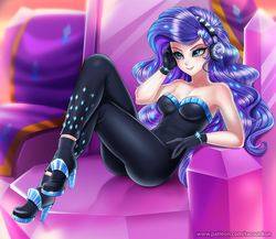Size: 1200x1043 | Tagged: safe, artist:racoonsan, rarity, human, equestria girls, equestria girls series, the other side, armpits, bare shoulders, beautiful, beautisexy, bodysuit, boots, breasts, clothes, fabulous, female, gloves, headphones, high heel boots, high heels, human coloration, humanized, sexy, shoes, sleeveless, solo, strapless, stupid sexy rarity, unitard