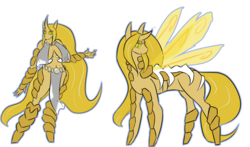 Size: 2726x1600 | Tagged: safe, artist:tartsarts, oc, oc only, oc:tibia, changeling, changeling queen, pony, anthro, anthro with ponies, changeling oc, changeling queen oc, commission, female, reference, solo, yellow changeling