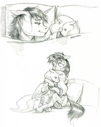 Size: 1024x1284 | Tagged: safe, artist:baron engel, princess celestia, oc, oc:phoenix, pony, unicorn, g4, bed, boop, doll, hug, monochrome, morning, noseboop, pencil drawing, pillow, plushie, pony doll, simple background, sitting up, smiling, story in the source, toy, traditional art, waking up, white background