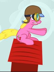 Size: 700x923 | Tagged: safe, artist:violetclm, edit, cherry berry, earth pony, pony, g4, aviator goggles, aviator hat, background pony, cropped, female, hat, mare, peanuts, reaction image, snoopy, sopwith camel, ww1 flying ace