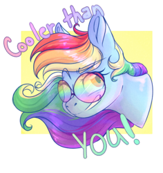 Size: 2353x2489 | Tagged: dead source, safe, artist:yomitai, rainbow dash, pegasus, pony, g4, bust, female, grin, high res, narcissism, one eye closed, simple background, smiling, solo, sunglasses, text, wink