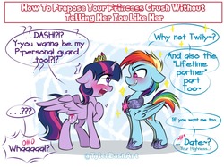Size: 1139x850 | Tagged: safe, artist:tylerdashart, rainbow dash, twilight sparkle, alicorn, pegasus, pony, g4, blushing, crown, dialogue, exclamation point, female, interrobang, jewelry, lesbian, looking at each other, mare, nervous, question mark, regalia, ship:twidash, shipping, smiling, speech bubble, sweat, twilight sparkle (alicorn)
