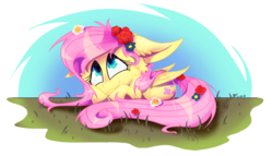 Size: 1600x915 | Tagged: safe, artist:maliforger894, fluttershy, bat pony, pegasus, pony, g4, :3, cheek fluff, cute, featured image, female, floppy ears, flower, flower in hair, flower in tail, flutterbat, folded wings, grass, looking up, maliforger894 is trying to murder us, mare, outdoors, prone, race swap, shyabates, shyabetes, simple background, smiling, solo, sweet dreams fuel, transparent background, weapons-grade cute, wings