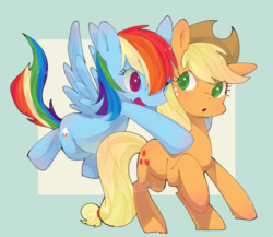 Size: 798x693 | Tagged: safe, artist:sa-eku, applejack, rainbow dash, earth pony, pegasus, pony, g4, abstract background, clothes, cowboy hat, female, freckles, hat, lesbian, mare, one eye closed, open mouth, ship:appledash, shipping, wink