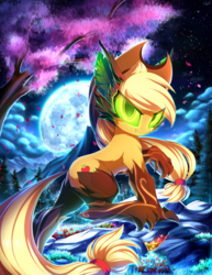 Size: 2700x3500 | Tagged: safe, artist:kaleido-art, applejack, timber pony, timber wolf, g4, female, glowing eyes, high res, looking at you, moon, night, solo, species swap, timber wolfified, timberjack, tree