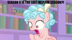 Size: 1280x720 | Tagged: safe, edit, edited screencap, screencap, cozy glow, pegasus, pony, g4, what lies beneath, book, bookshelf, bow, end of ponies, female, filly, graveyard of comments, image macro, implied season 9, meme, shocked, text