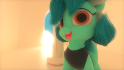 Size: 1920x1080 | Tagged: safe, artist:santiblocks, lyra heartstrings, pony, g4, 3d, adoracreepy, clothes, column, creepy, cute, female, looking at you, open mouth, solo