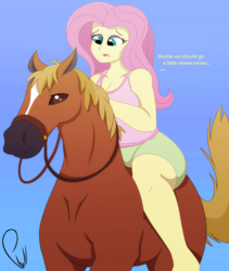Size: 1588x1884 | Tagged: safe, artist:phyll, fluttershy, horse, equestria girls, g4, barefoot, breasts, bridle, clothes, dialogue, feet, female, humans riding horses, reins, riding, signature, solo, stripe (coat marking), tack, text