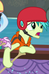 Size: 480x720 | Tagged: safe, screencap, sandbar, silverstream, yona, earth pony, pony, g4, non-compete clause, cropped, helmet, lifejacket, male, offscreen character, teenager