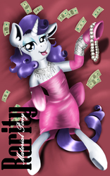 Size: 800x1280 | Tagged: safe, artist:valemjj, rarity, pony, unicorn, g4, bow, bracelet, clothes, cover, diamond, dress, ear piercing, earring, elegant, evening gloves, eyeshadow, gloves, jewelry, long gloves, makeup, material girl, money, necklace, pearl necklace, piercing, solo