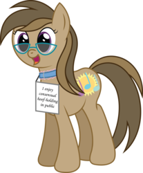 Size: 3165x3825 | Tagged: safe, alternate version, artist:joey, oc, oc only, oc:dawnsong, earth pony, pony, collar, cute, female, glasses, happy, high res, implied hoof holding, lewd, mare, open mouth, pony shaming, show accurate, sign, simple background, smiling, solo, transparent background