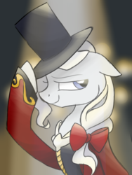 Size: 3024x4032 | Tagged: safe, artist:herfaithfulstudent, oc, oc only, oc:day dreamer, pony, bow, clothes, hat, solo, the greatest showman, top hat