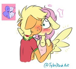 Size: 890x806 | Tagged: safe, artist:tylerdashart, applejack, fluttershy, earth pony, pegasus, anthro, g4, blushing, clothes, eyes closed, female, freckles, kissing, lesbian, ship:appleshy, shipping, shirt, simple background, tank top, white background