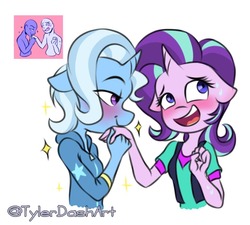 Size: 775x696 | Tagged: safe, artist:tylerdashart, starlight glimmer, trixie, pony, unicorn, anthro, g4, blushing, clothes, duo, equestria girls outfit, female, hand kiss, jacket, kissing, lesbian, mare, open mouth, ship:startrix, shipping, shirt, simple background, sweat, white background