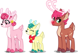 Size: 5000x3423 | Tagged: safe, artist:orin331, alice the reindeer, bori the reindeer, deer, reindeer, best gift ever, g4, alternate design, bow, cloven hooves, colored hooves, doe, ear piercing, earring, eyes closed, female, glowing nose, jewelry, male, piercing, redesign, rudolph the red nosed reindeer, simple background, smiling, stag, transparent background, trio