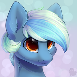 Size: 1000x1000 | Tagged: safe, artist:alphadesu, oc, oc only, oc:tidal wave, pony, abstract background, commission, cute, digital art, ear fluff, hair over one eye, male, multicolored hair, multicolored mane, ocbetes, signature, smiling, solo, stallion, ych result