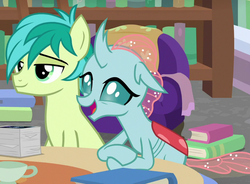 Size: 861x632 | Tagged: safe, screencap, ocellus, sandbar, changedling, changeling, earth pony, pony, g4, what lies beneath, book, bookshelf, cropped, cute, diaocelles, male, smiling, teenager
